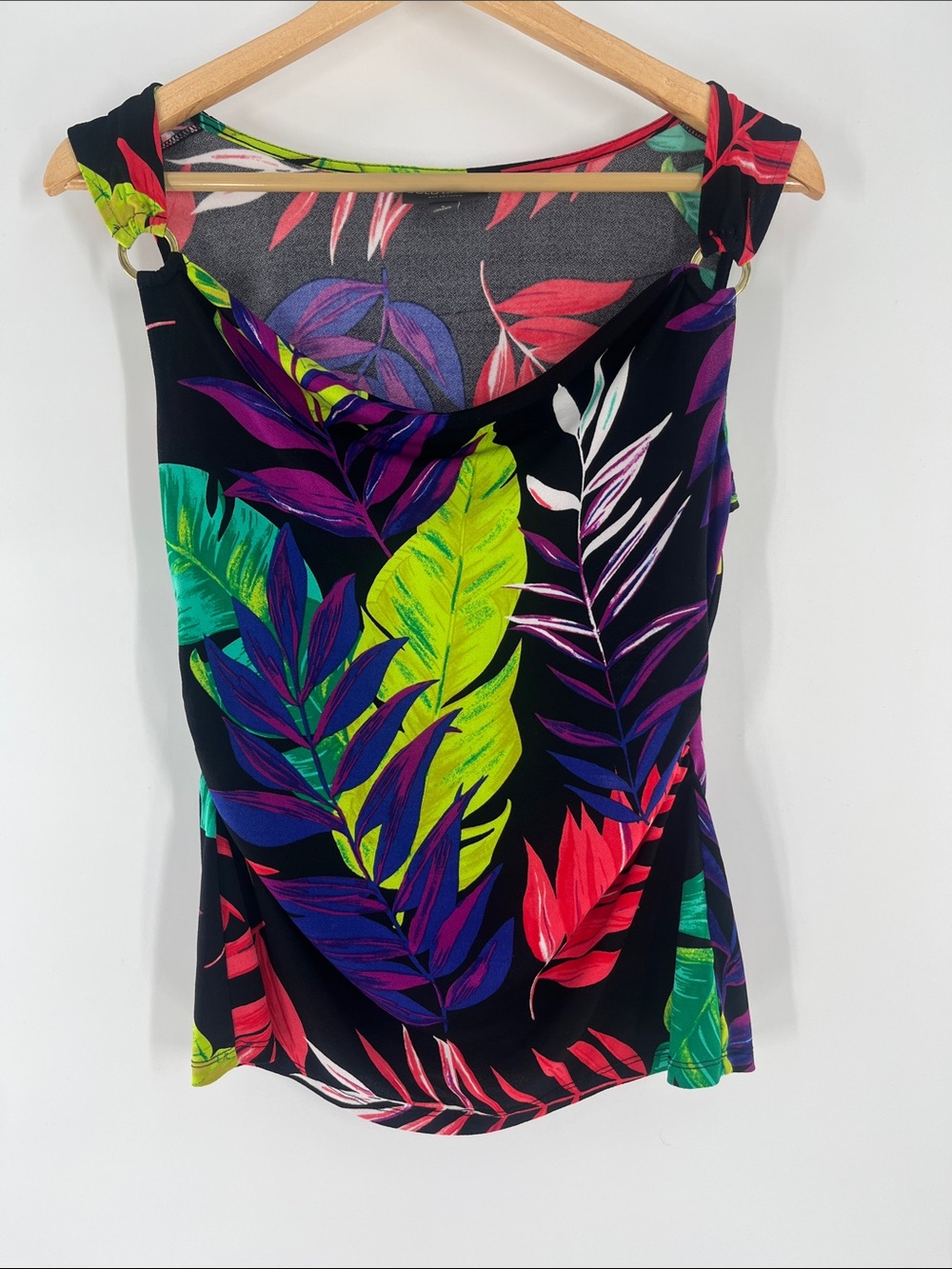 Bold Elements Black Multi Colored Leaf Pattern Blouse Size S Gently Used